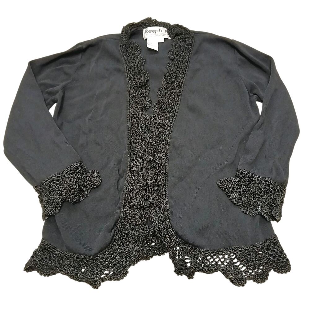 Joseph A Black Open Front Cardigan Sweater Small Crochet Trim Bell Cuffs Boho